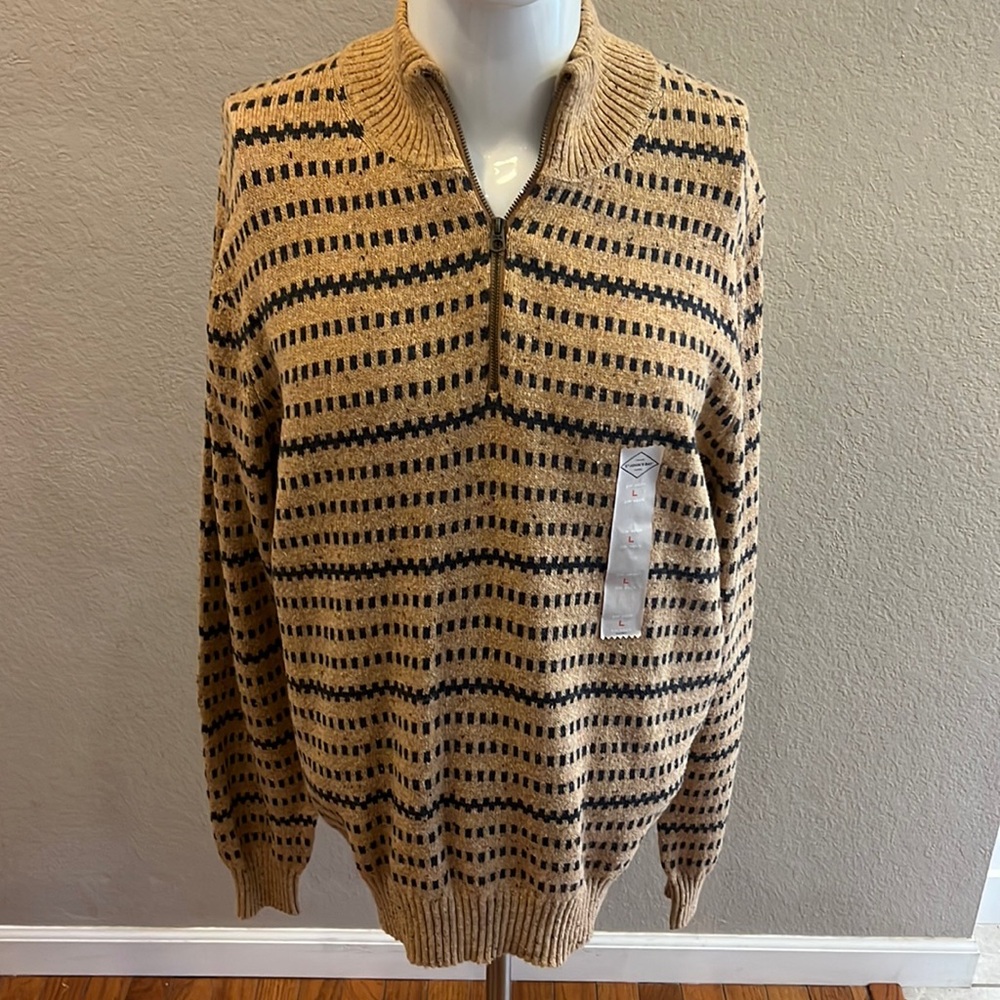 St. Johns Bay Mens‎ Large Yellow Camel Stripe Sweater Knit 1/4 Zip Beige